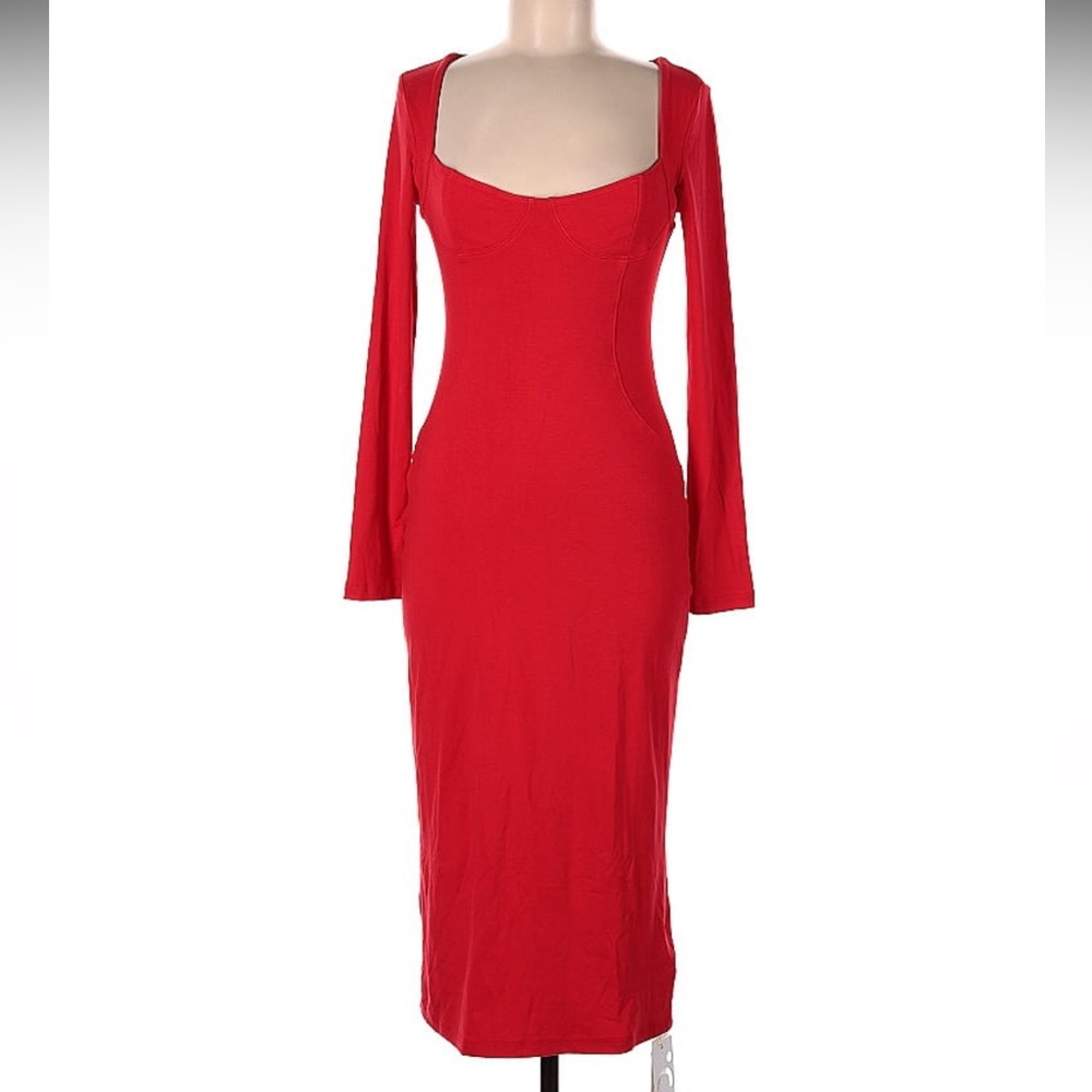 Red Square Neck Long Sleeve Midi Dress